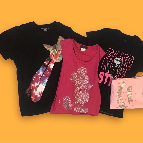 4 graphic t shirt bundle pink with laser cat, Minnie Mouse crystal, and more - Picture 1 of 16